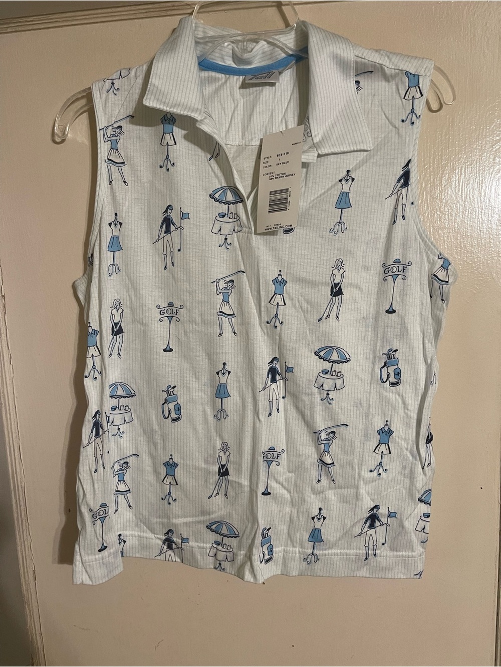 NWT Tail Sleeveless Collared Golf Print Top - White & Blue Large